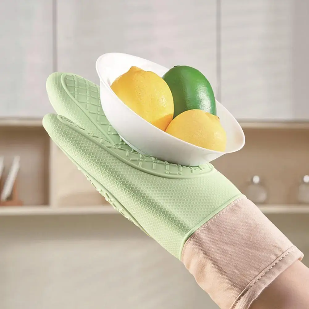 Kitchen Oven Mitt Long Microwave Gloves Thick Cotton Lined Silicone Oven Mitt for Kitchen Baking Anti-scald Anti-slip Heat
