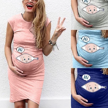 Summer Maternity Cartoon Baby Funny Print Dress, Casual Stretchy Short Sleeve Crew Neck Slim Fit Bodycon Long T-shirts 1