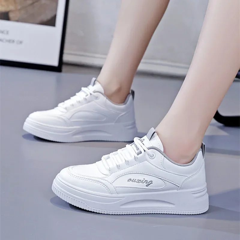 Women Shoes Fashion Breathable Leather Flat Sneakers Woman Outdoor Lace Up Vulcanized Sneakers Platform White Shoes Zapatos