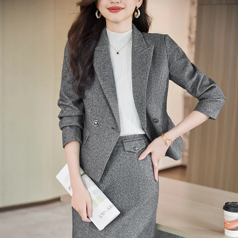 Winter Solid Woolen Businesss Slim Formal Office Lady Blazer Tops + Zipper Midi Split Skirt Women 2pcs Sets Elegant Quality Suit 5