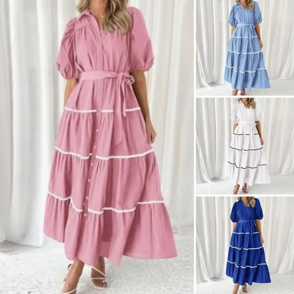 

Элегантное платье с завязкой на талии, элегантное женское летнее платье макси с пышными рукавами и многоярусными оборками, однобортный пояс для любого