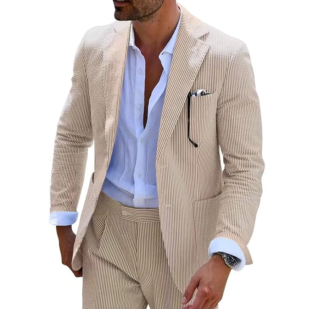 Summer Men Suits 2 Pieces Seersucker Notched Lapel Wedding Party Suit Jacket Pants Casual 2 Button Slim Fit