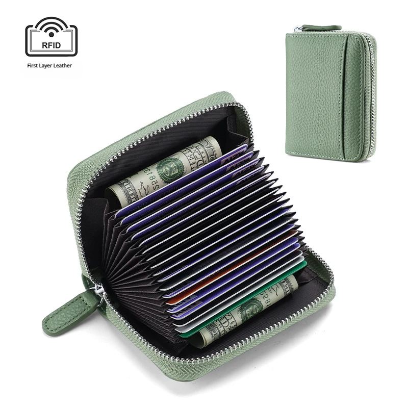 

Genuine Leather RFID Organ Card Holder Pouch Portable Wallet Bag Student Soft Cowhide Small Short Money Purse Case For Men Women