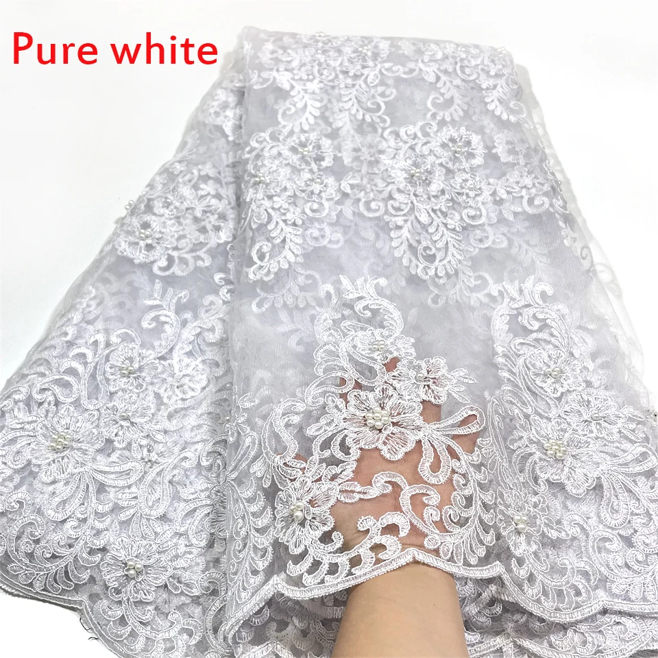 

2023 Latest White Nigerian Laces Fabrics With Beads High Quality Tulle African Laces Fabric Wedding African French Tulle Lace
