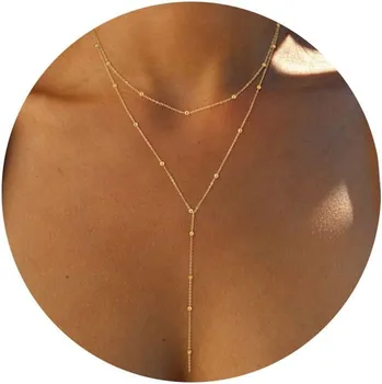 Gold Necklace for Women 14k Gold Plated/Silver Y-Shaped Pendant Necklace Layered Beaded Chain Drop Necklaces For Women Gift