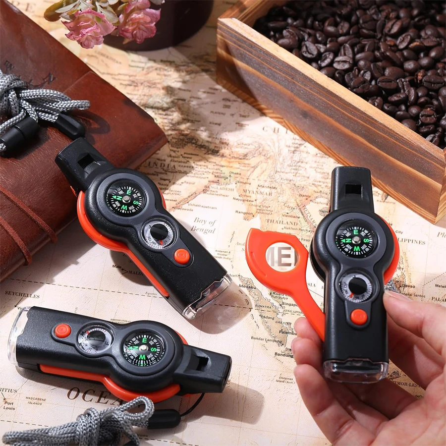 Description Picture 3 of item7 in 1 Emergency Safety Whistle with Lanyard Multifunctional Tool Multi-Functional LED Outdoor Compass Hiking Electronic Whistle
