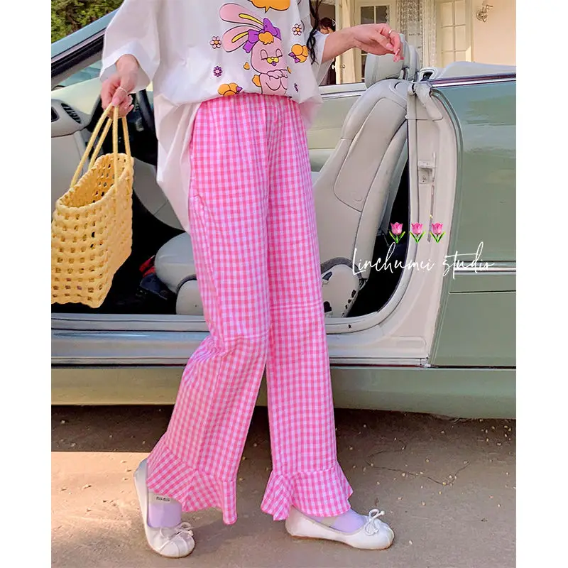 Women's Summer New Fashion Sweet Loose Thin Plaid High Waist Straight Spliced Sleeping Pants Casual Versatile Wide Leg Trousers