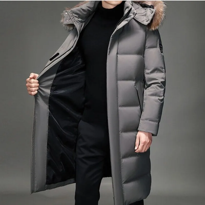 2023 New Men White Duck Down Jacket Winter Coat Mid-length Loose Parkas Thicken Warm Handsome Outwear Hooded Trend Overcoat