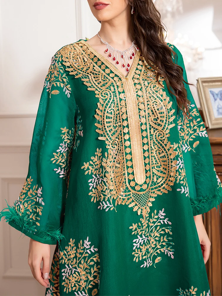 فساتين رافيا النسائية الصيفية التقليدية المتطورة المطرزة بأكمام طويلة ورقبة على شكل حرف v ماكسي على شكل حرف a فساتين طويلة غير رسمية