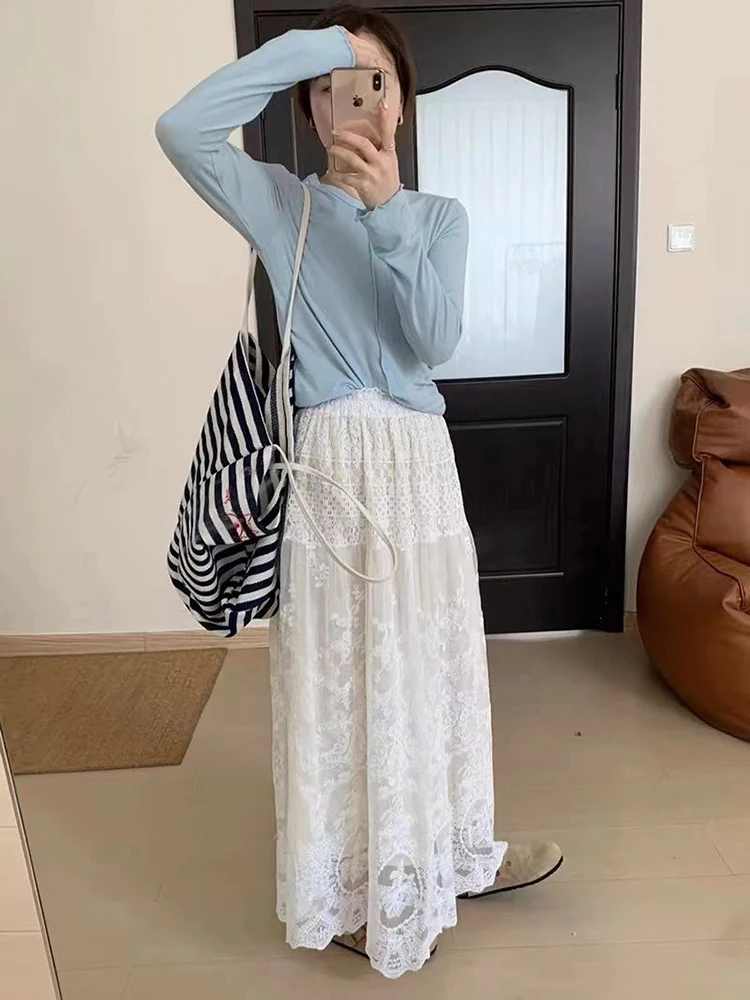 Jupe longue en dentelle taille haute pour femmes, jupes mi-longues