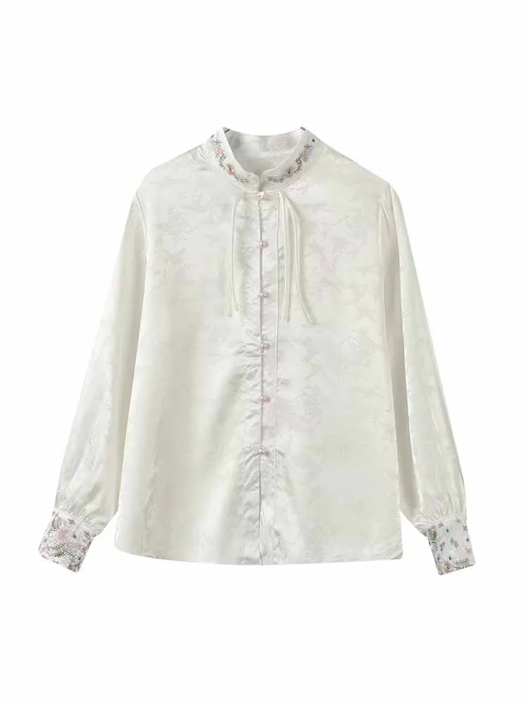 

Женская жаккардовая рубашка с вышивкой, свободная Повседневная рубашка с длинным рукавом, в стиле ретро, на пуговицах, шикарный топ, новинка 2024