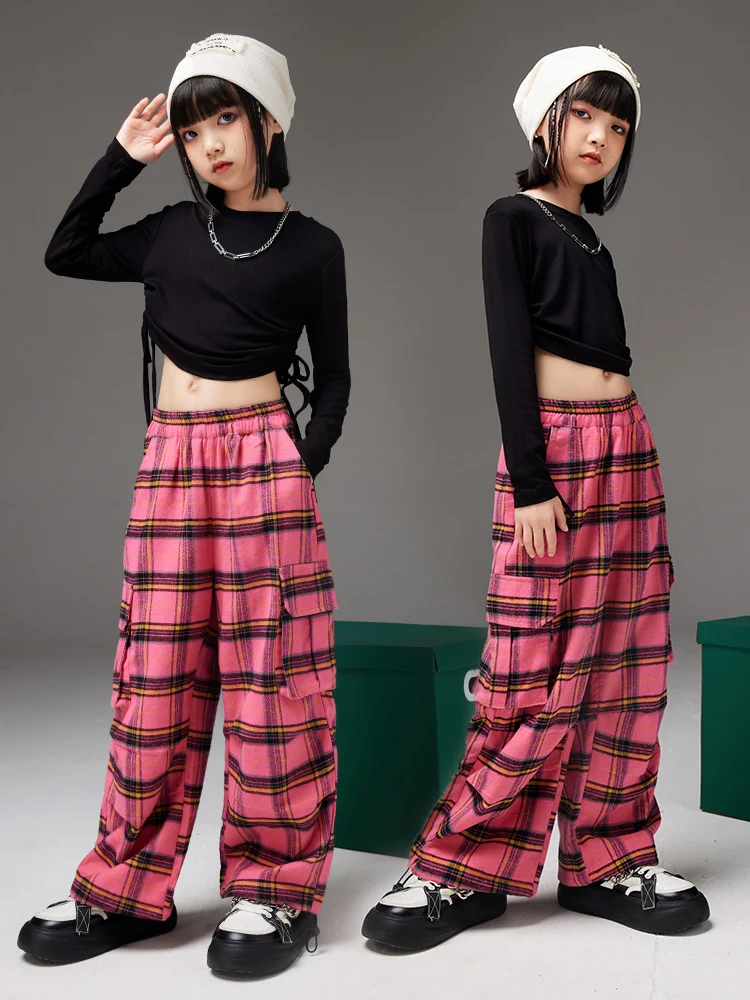 

New Jazz Dance Costume Girls Crop Tops Pink Lattice Pants Long Sleeves Navel Performance Clothes Kids Concert Group Suit BL12262