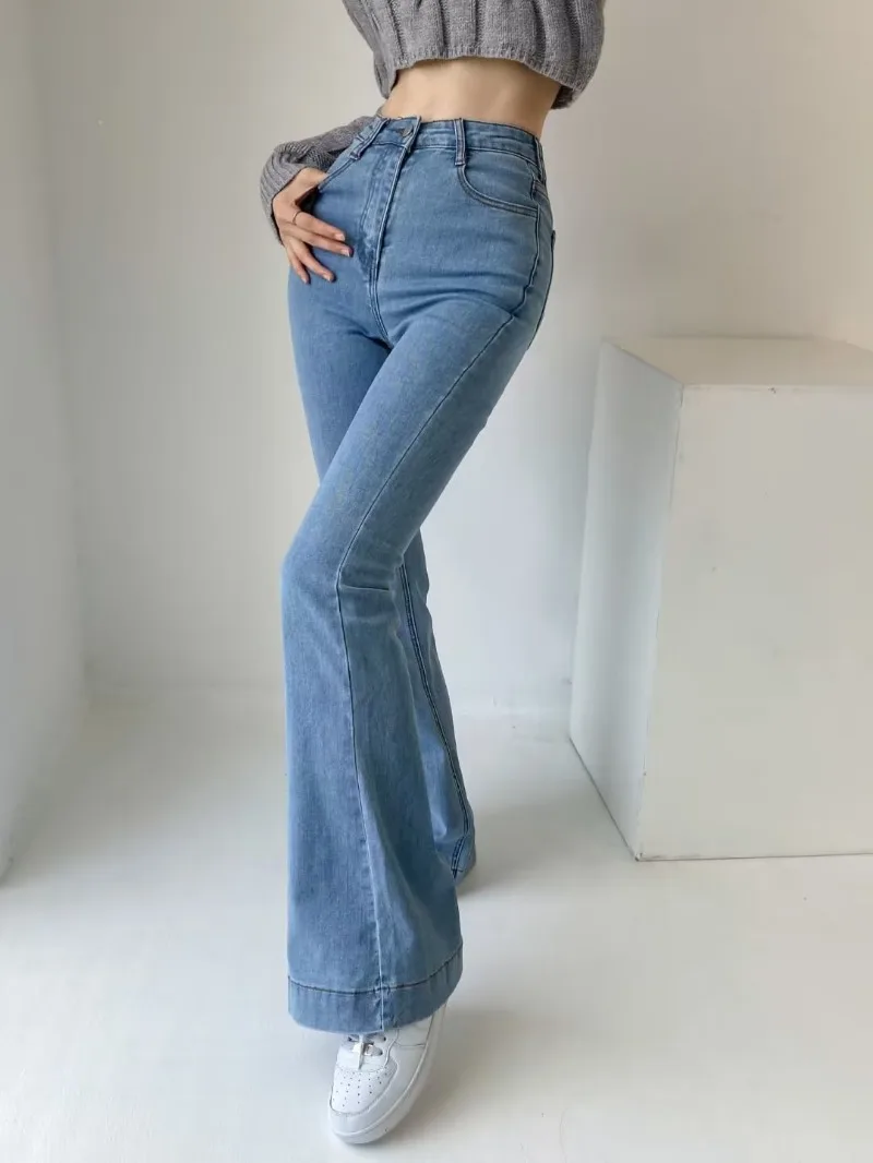 Pantalones vaqueros acampanados de verano para mujer, pantalones vaqueros largos ajustados, pantalones vaqueros elásticos azules de moda Y2K, pantalones vaqueros de cintura alta 2025