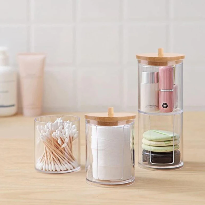 Acrylic Storage Box Bathroom Jar Makeup Organizer Cotton Round Pad Holder Cotton Swab Box Qtip Holder Dispenser with Bamboo Lid 3