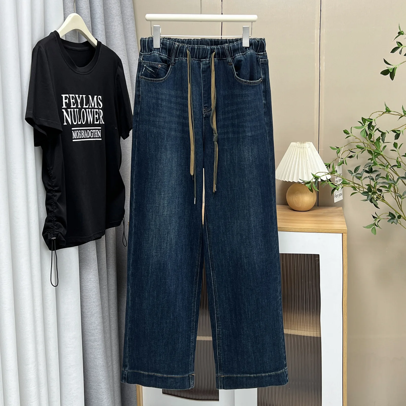 XXXXL Fashion Plus Size Women's Jeans Autumn New Drawstring Waisted Denim Straight Leg Pants Casual Full Length Trousers 1393