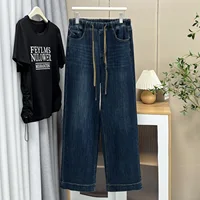 XXXXL Fashion Plus Size Women's Jeans Autumn New Drawstring Waisted Denim Straight Leg Pants Casual Full Length Trousers 1393 - Image 3