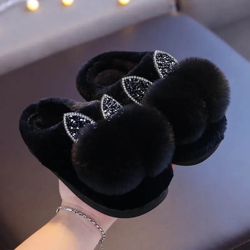 Baby Girls Cotton Slippers 2022 New Winter Children's Shiny Sequins Fur Slippers Boys Home Indoor Shoes Anti-slip Kids Slippers 3