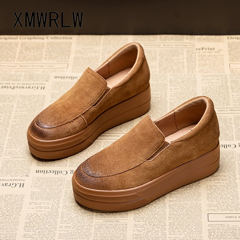 

XMWRLW Autumn Women Loafers Cow Suede Thick Sole Ladies Shoes Women Flat Platform Shoes Casual Slip on Loafer Woman Autumn Shoe