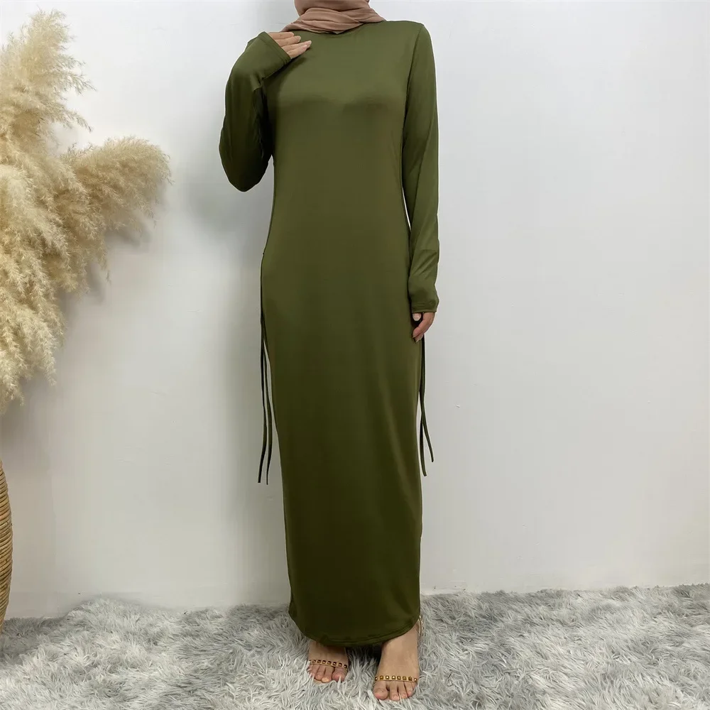 Inner Dress for Abaya Women Plain Drawstring Muslim Long Sleeve Slip Dresses Under Abayas Kimono Dubai Turkey Islamic Clothes