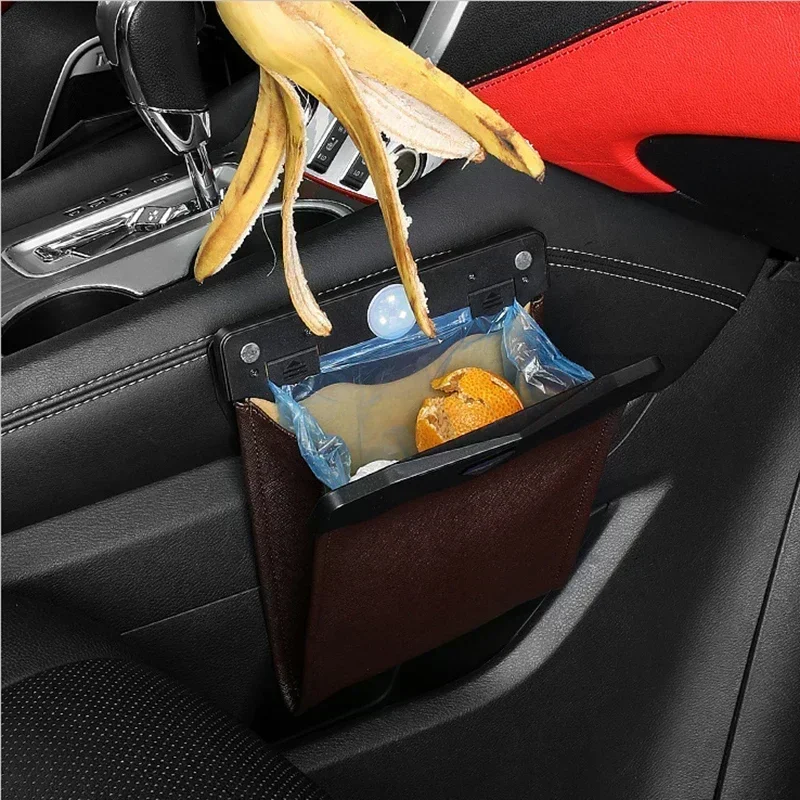 Car Trash Bin LED Leather Waterproof Garbage Bag Back Seat Hanging Leather Storage Pocket Car Organize Interior Accessories,car trash can