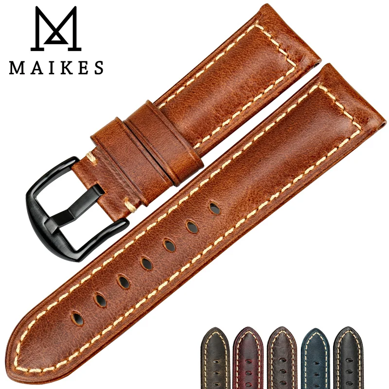Handmade Vintage Oil Wax Leather Blue Watch Strap with Black Buckle