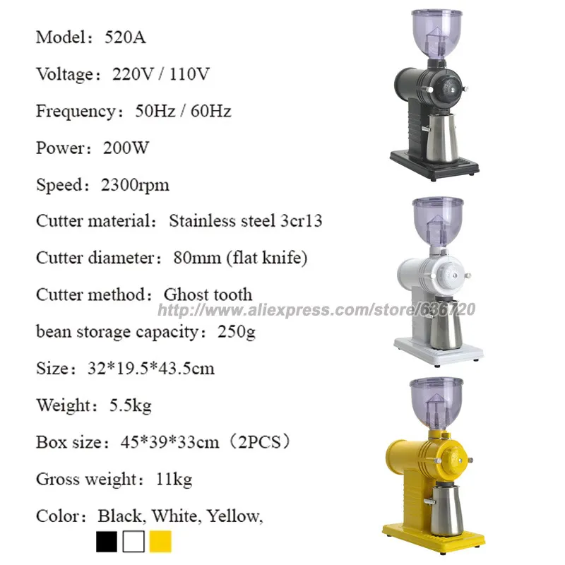 Electric Coffee Grinder (220V-240V) / flat Titanium burr 78mm / 10 steps can be set (White) (Black)(Yellow) 3