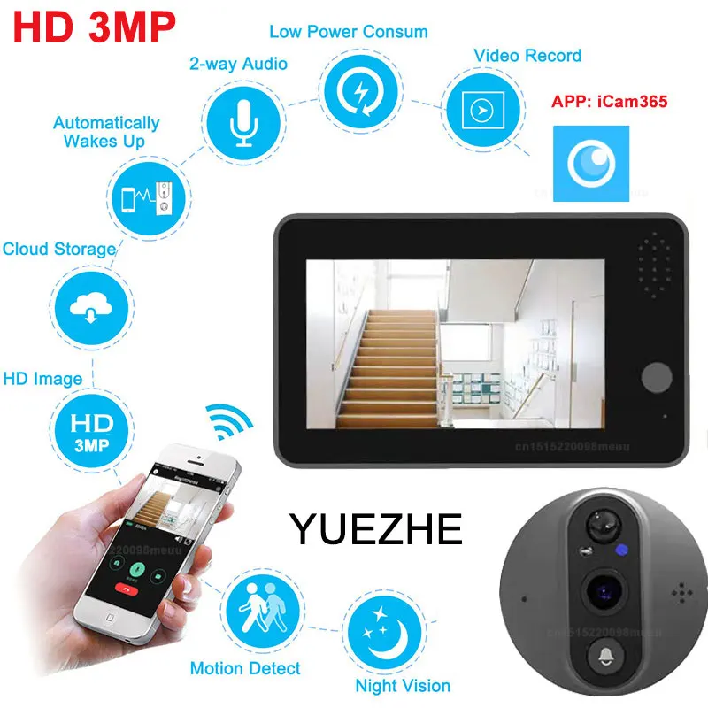 

Yuezhe 3MP icam365 Wifi Video Doorbell Peephole Camera 4.3 Inch Eye Door bell Smart Home HD IPS Screen Night PIR Motion Detect