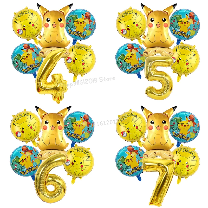 

Pikachu 6pcs Number Balloons Set Pokemon Cartoon Aluminum Foil Ballons Anime Figure Balloon Birthday Decoration Party Supplies