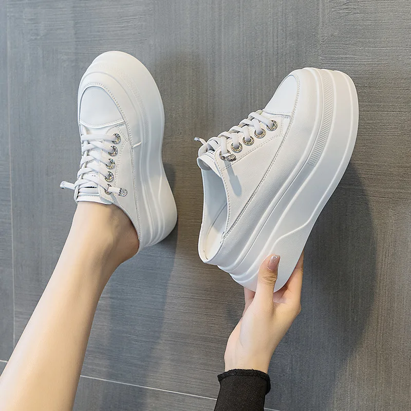 Half Slippers Genuine Leather Women's Casual Shoes Platform Ladies Slippers Lace Up White Elevator Shoe Low Top Female Footwear