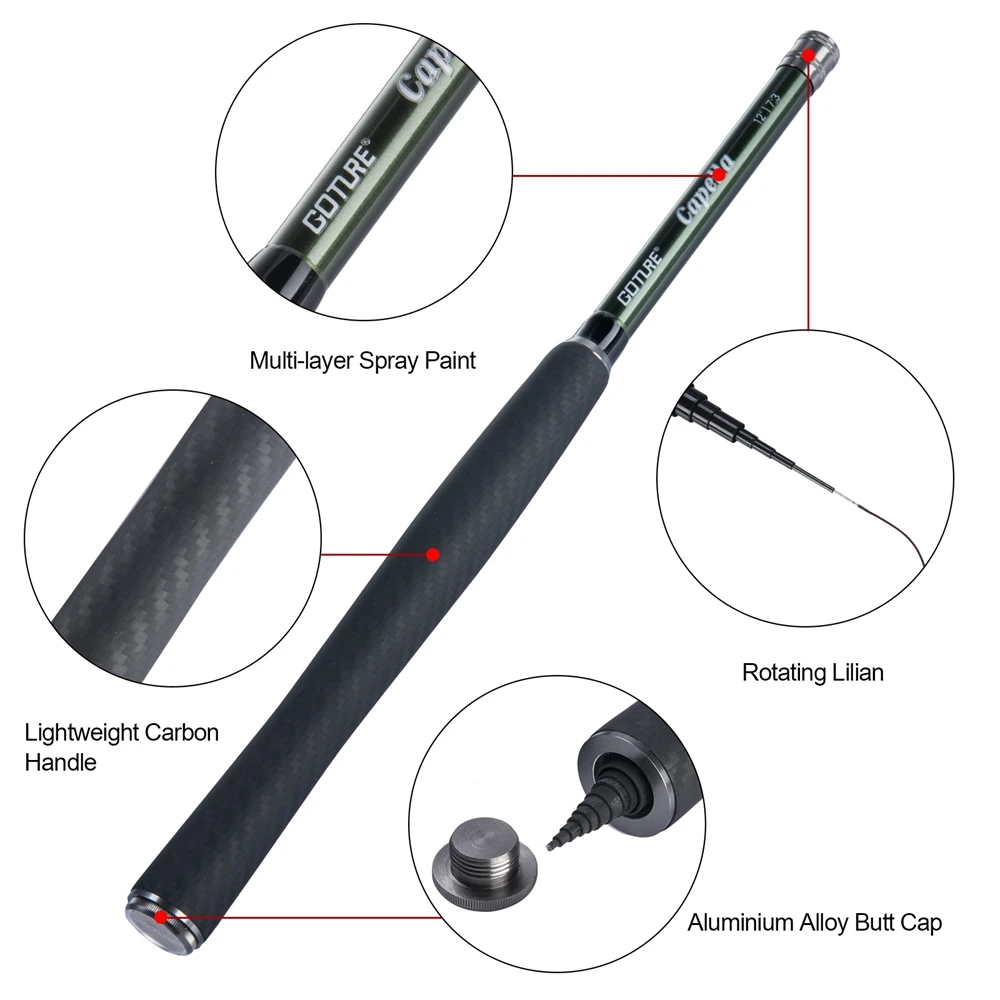 Goture 12FT/3.6M Fly Fishing Rod Combo 30T Carbon Fiber Portable Telescopic Tenkara Rod for Travel Trout Bass Crappie fishing pole set fishing rod fishing rod and reel combo