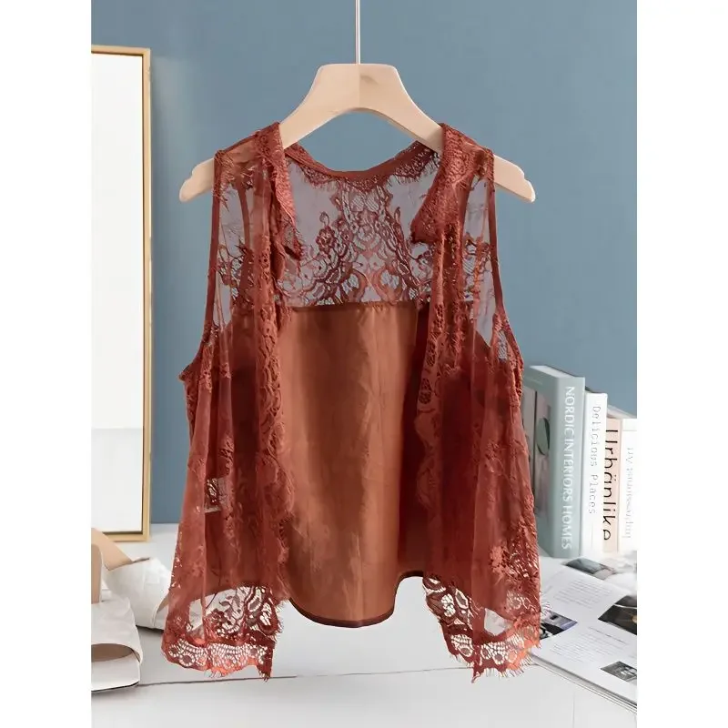 Oversized Lace Patchwork Vest Sleeveless Jacket Women Cardigan Vintage Beach Covered 2023 New Crop Tops Korean Fashion Coats boot edge edge madras sleeveless dress elegant dress beach dress clothes dress korean style