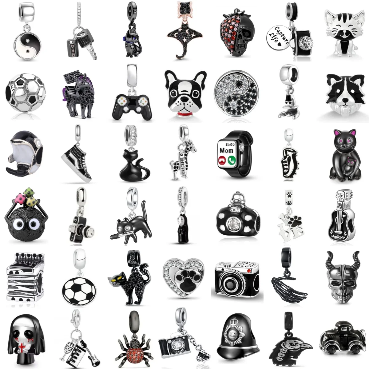 새로운  블랙 컬러 참 장식품 축구 고양이 태극권 카메라 앵무새 기타 펜던트 비즈 오리지널 팔찌에 맞는 주얼리 선물