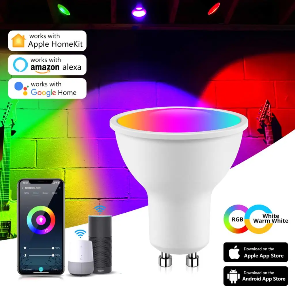 

Лампа GU10 с Wi-Fi и Rgb-подсветкой, умная лампа с теплым белым светом, работает с Apple Homekit, с голосовым управлением, сертифицирована MFI