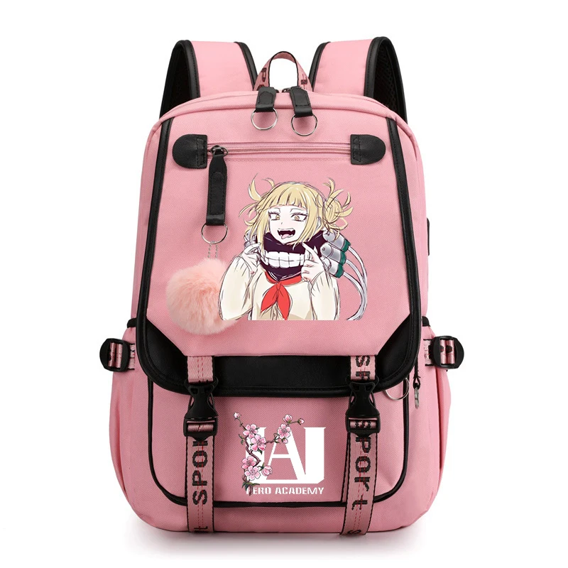 

My Hero Academia Backpacks Anime Toga Himiko Print Bookbag Fashion Canvas Schoolbag Girls Plush Ball Usb Backpack for Teenager