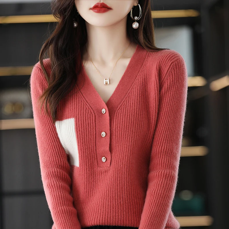 

22 autumn and winter new cashmere sweater women's clothing 100% pure wool V-neck pullover slim fit fashion knitted sweater women