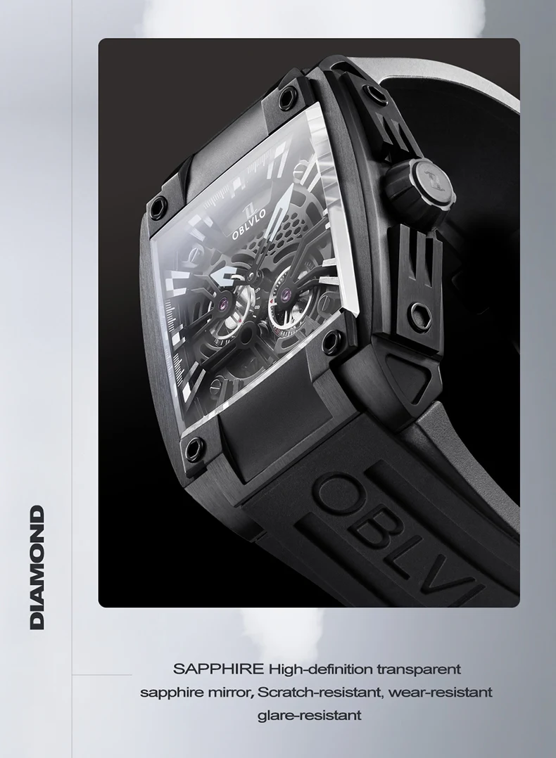 OBLVLO Luxury Men Automatic Mechanical Watch Luminous Skeleton Stainless Steel Rubber Strap Glass Big Rectangle Clock GM