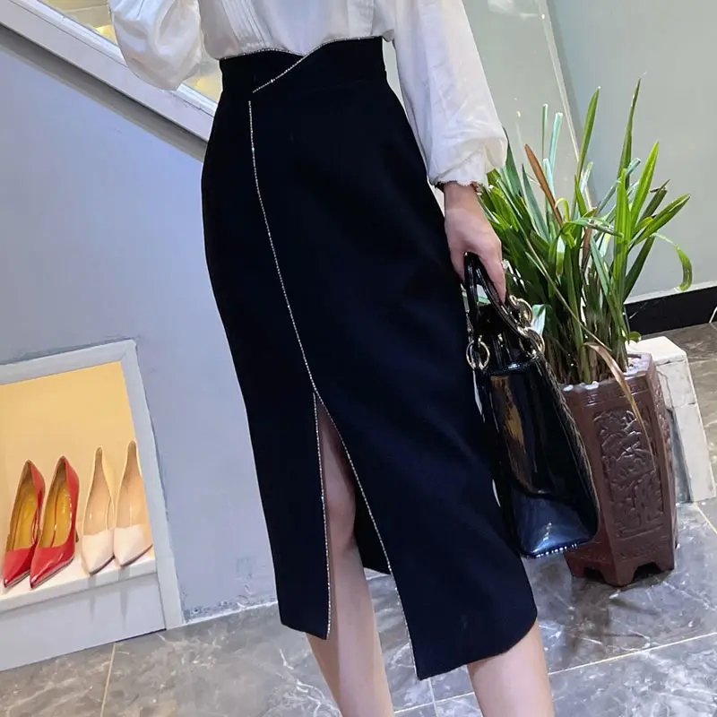 

Skirt Temperament Package Hip Korean Version Of Women's Black Slit High Waist A-LLine Skirt Summer Autumn Simple Commute Zipper