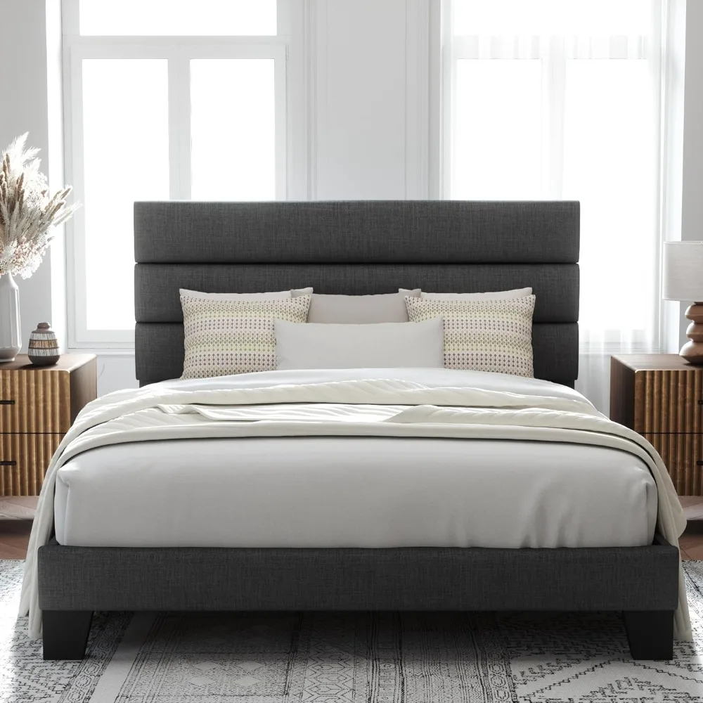 

Full Size Platform Bed Frame with Fabric Upholstered Headboard and Wooden Slats Support, Fully Upholstered /No Box Spring Needed