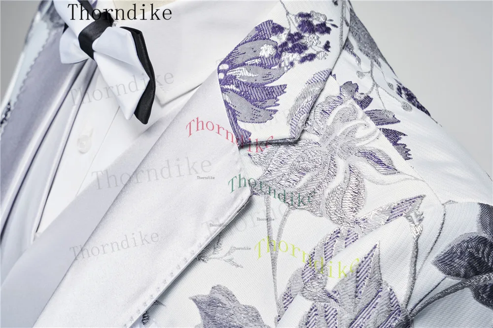 Thorndike New Men Casual Boutique Business Slim Print Flower Single Breasted Formal Suit Set Dress Blazers Jacket Pant Vest