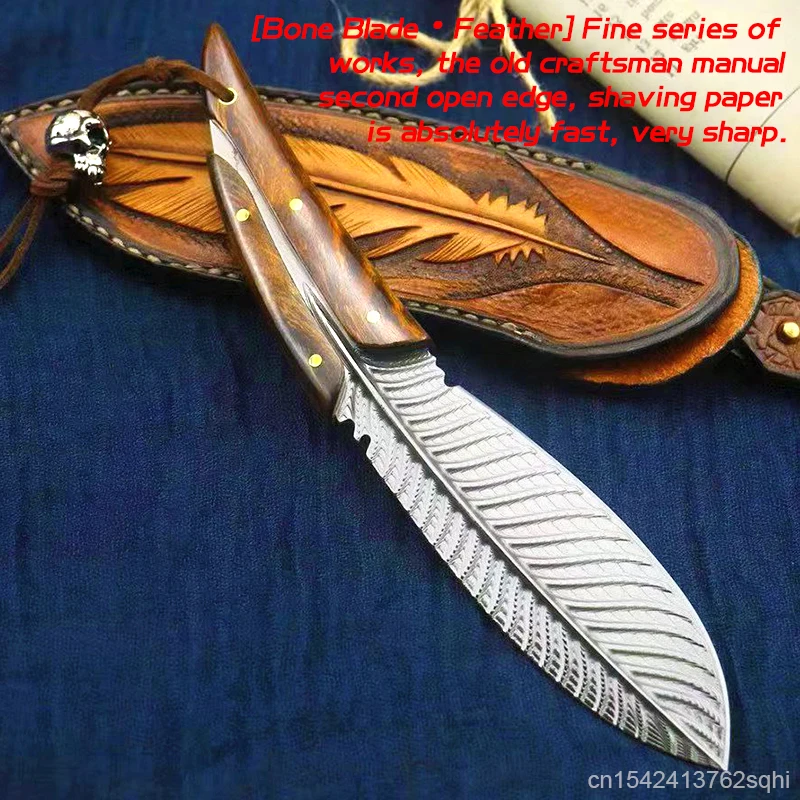 

Vg10 Damascus steel straight knife feather pattern forging knife sand iron wooden handle outdoor survival knife collection knife