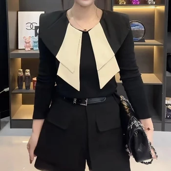 Pullover eleganti patchwork a contrasto Top Primavera Autunno Nuova tendenza Manica lunga Slim Vintage T-shirt Moda Casual Abbigliamento donna 1