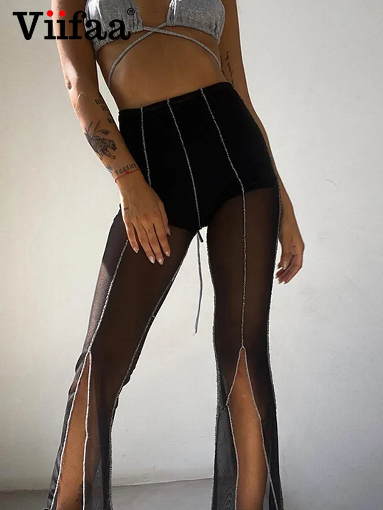 

Viifaa Black Mesh Split Hem Skinny Vintage Flare Pants Summer Streetwear Women 2022 Fashion High Waist Slim Trousers
