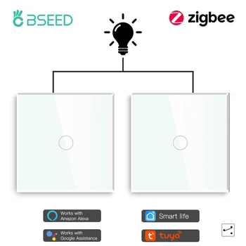 BSEED Zigbee Touch Switches 1Gang 2 Way Stair Switches Tuya Smart Glass Switches Google Smart Life Alexa Voice Control 2Pack