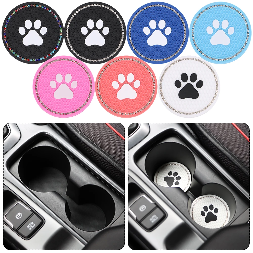 Silicone Diamond Rhinestone Dog Paw Cup Holder Car Coasters Anti Slip Mat Interior Decor