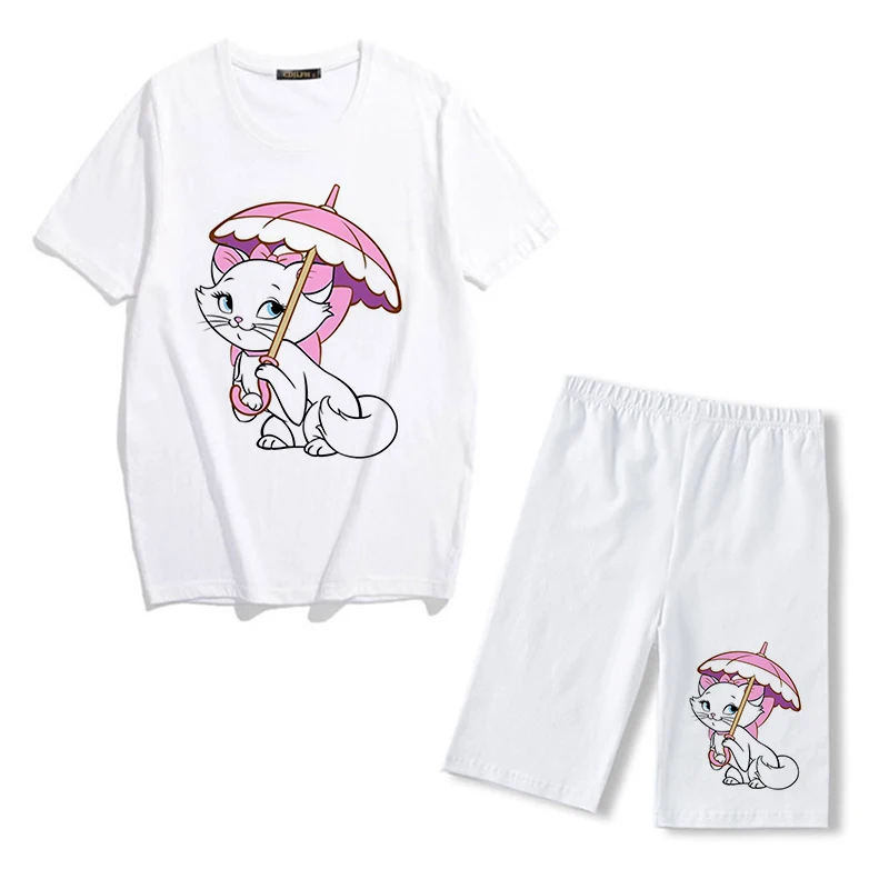 two piece sets Summer Fashion Disney Marie Cat Print Two Piece Set Women Tracksuit Casual Short Sleeve T Shirts And Biker Sports Shorts Outfits sweatpants set