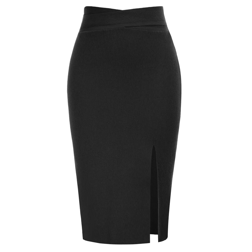 

KK Women Front Slit Sweater Skirt Cross Over Waist Below Knee Knitted Skirt