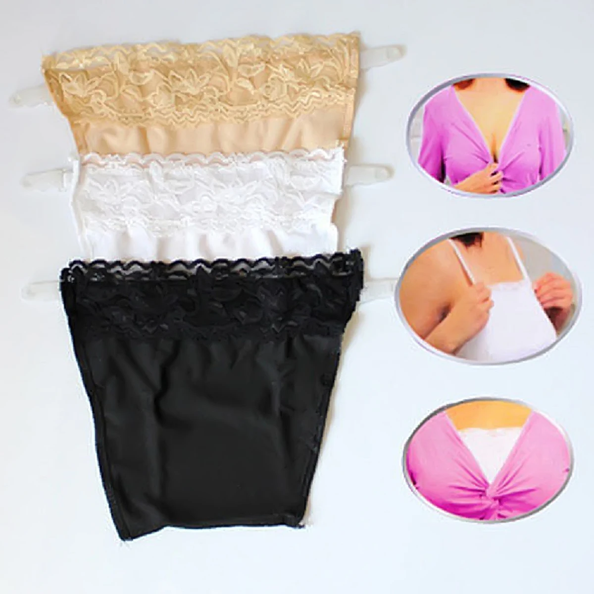 3Pcs Women's Lace Silk Cleavage Cover Up Camisole Breathable Invisibl Easy Clip-on Lace Mock Camisole Bras Anti-glare Clothes lace camisole tops