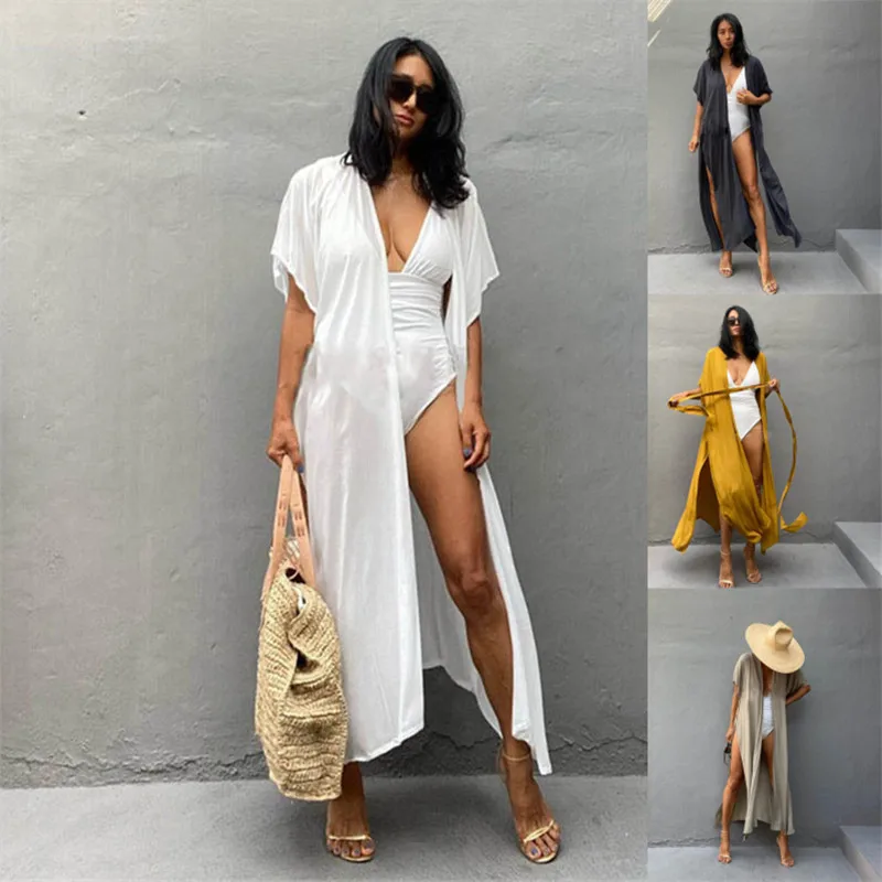 

2023 Cotton Cardigan Sexy Beach Blouse Loose Belt Shawls Bikini Smock Dresses And Tunic Swimming Dress For Woman Ladies Long