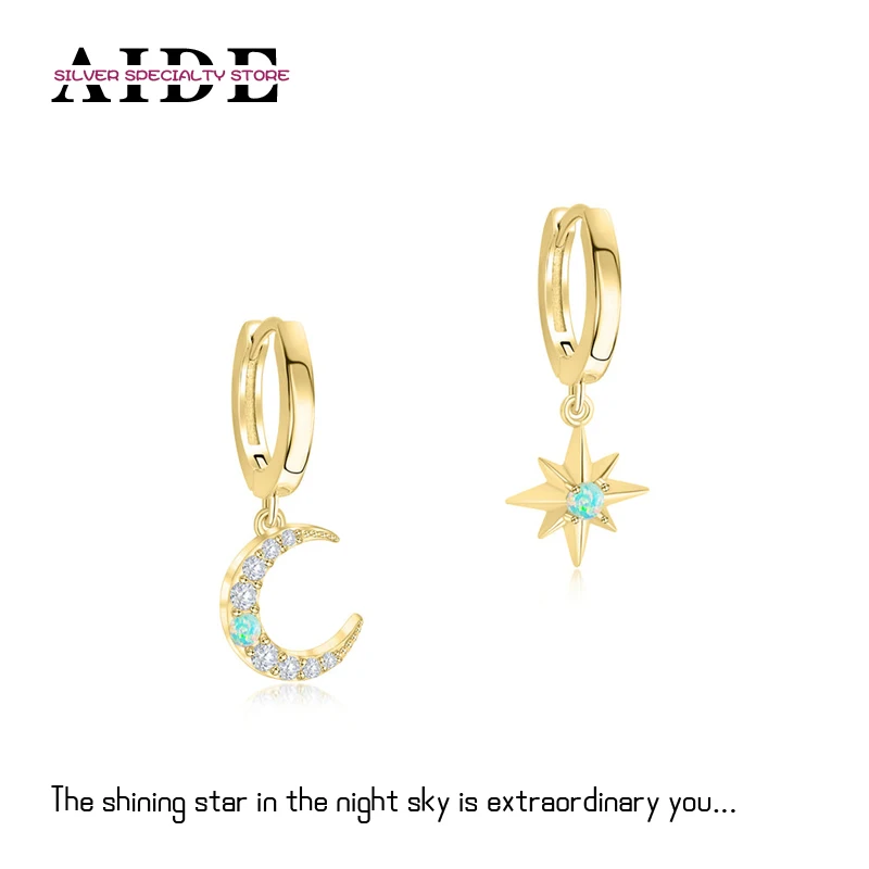 

AIDE 925 Silver Sparkling Star & Moon Opal Hoop Earrings For Women Piercing Huggie Earring Gorgeous Jewelry Gifts Broncos Aretes
