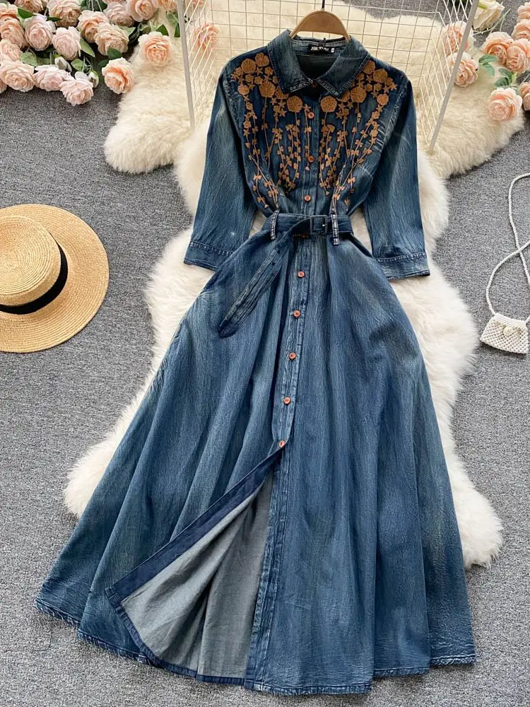 Women Spring Retro Floral Embroidery Denim Dress